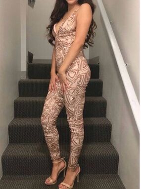 Forever 21 Sequin Rose Gold Spaghetti-Strap Jumpsuit Small
